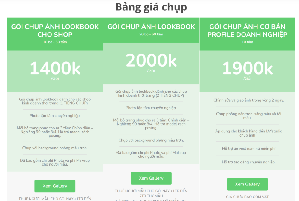 bảng giá chụp ảnh