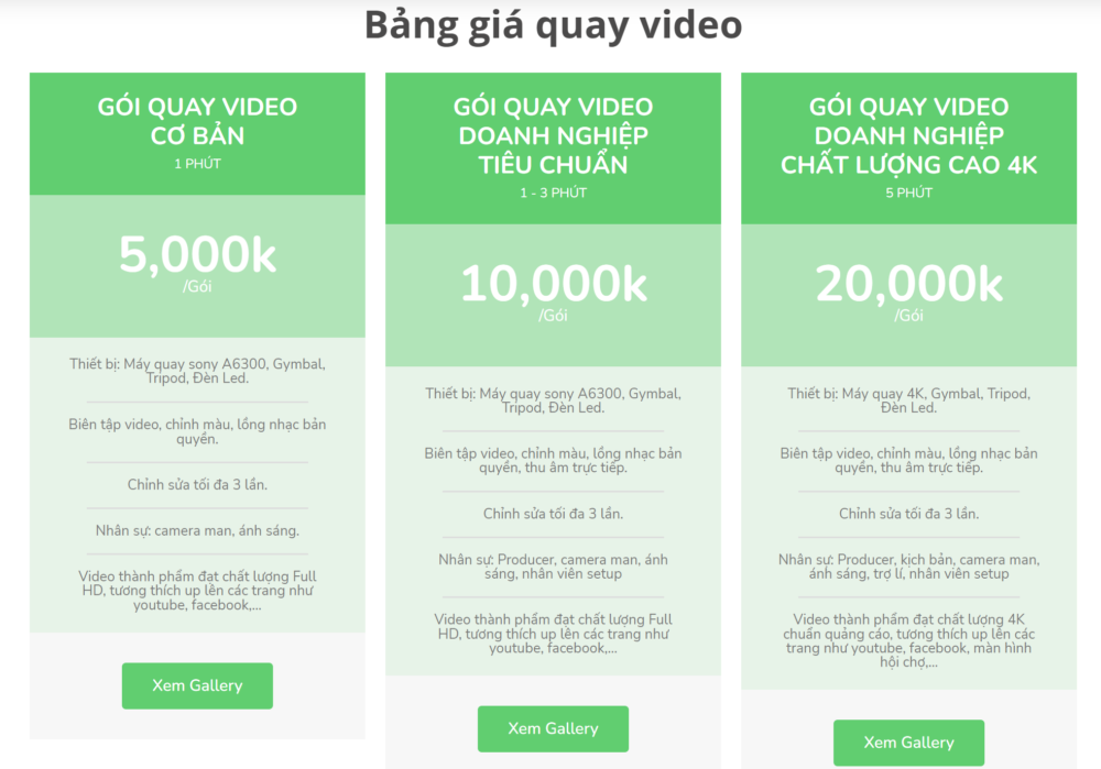 bảng giá quay phim